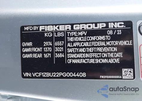 2023 Fisker Ocean One z USA, uszkodzony, nr VIN VCF1ZBU22PG004408